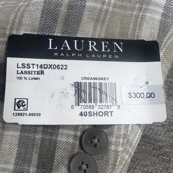 Lauren Ralph Lauren Lassiter 100% Linen Plaid Sport Coat Blazer 40S Cream Grey - Picture 5 of 16